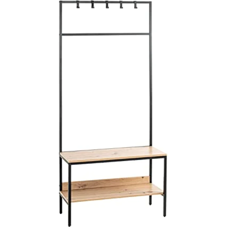 XXXL Garderobe, Schwarz und Eiche, Industrial-Design mit 5 Haken und Kleiderstange, 80x180x35 cm – Bild 1