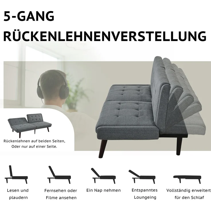 2-Sitzer Schlafsofa H 70 x T 157 x B 51 cm aus Leinen-Mischgewebe mit 5-fach verstellbarer Rückenlehne in Grau – Bild 7