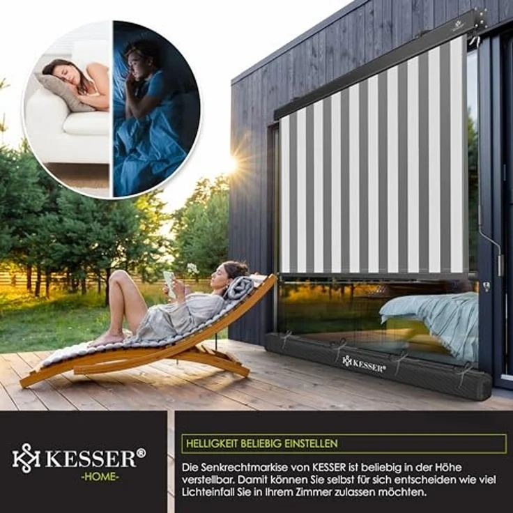 KESSER® Senkrechtmarkise Außenrollo Handkurbelmechanismus Balkonrollo Sonnen & Sichtschutz Beschattung Sonnenschutz Außen Rollo mit Kurbel Markisenkasten Balkon & Terrasse Inkl. Montageset & Abdeckung Grau / Weiß, 180 x 250cm – Bild 4