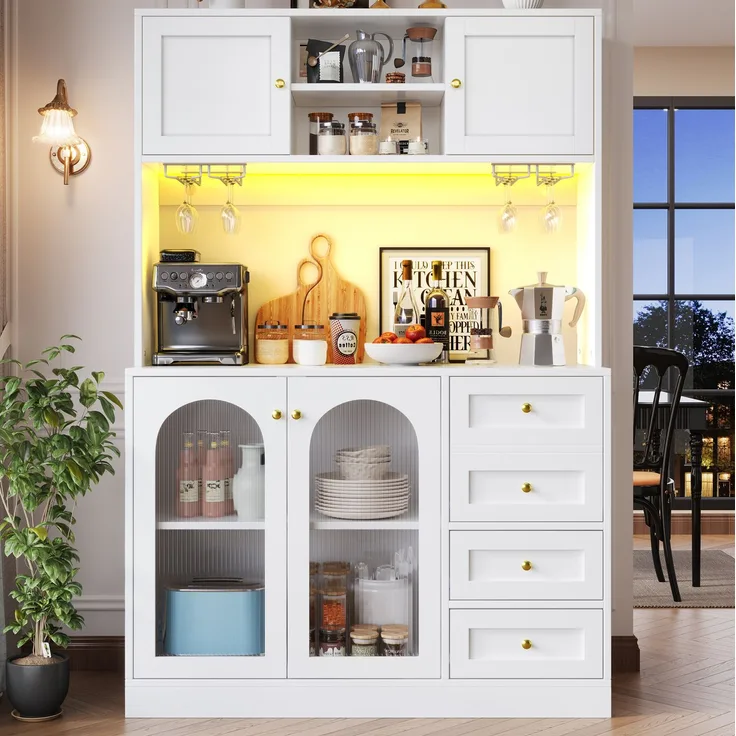 Buffetschrank mit LED-Lichtleiste & Fluted Glas, 120x40x188 cm, Weiß