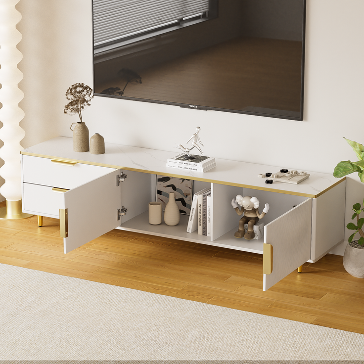 TV-Lowboard, Spanplatte mit Stauraum & goldfarbenen Griffen/Füßen, 175x40x45 cm, Weiß/Gold – Bild 3