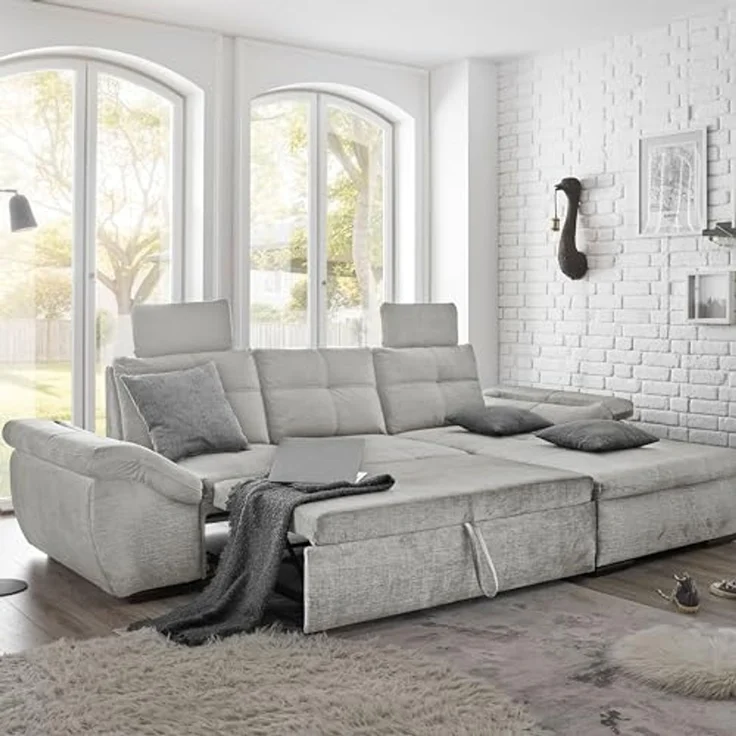 Stella Trading ALIJA Ecksofa mit Schlaffunktion in Silber-Moderne Eckcouch mit Bettkasten und verstellbaren Armlehnen, Holzwerkstoff, Rechts – Bild 5