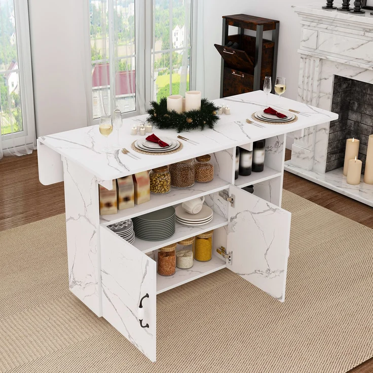 Rechteckiger klappbarer mobiler Esstisch 110x70x80 cm, multifunktional mit 5 Ablageböden und 5 Lenkrollen (4 feststellbar), platzsparend für Küche, Wohnung, Büro, Studentenheim, Weißmarmoroptik--Weiß--110x70x80cm--YOUDENOVA – Bild 3