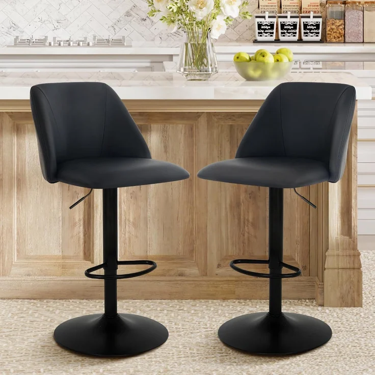 COLAMY 360° Drehbarer Höhenverstellbarer Barhocker 2er Set, Moderne Kücheninsel Barstühle mit Rückenlehne, PU-Kunstleder Barstühle mit Fußstütze – Geeignet für Küche, Bar, Esszimmer, Büro, Schwarz – Bild 2