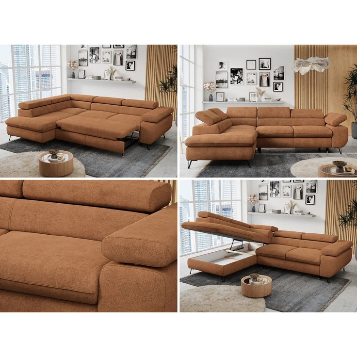 Mks Möbel 'Peter L-form' Ecksofa mit Bettfunktion, Bettkasten & einstellbaren Kopfstützen, Orange, Stoff, mit Topper, links – Bild 2