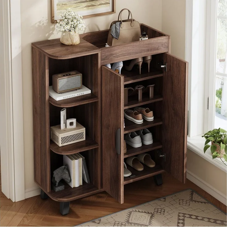 MODFU Schuhschrank 80x99x32 cm mit offenen Fächern, Nussbaum (Packung, 1-St, schmal, Mehrzweckschrank für schmale Eingangsbereiche) Doppeltüriger Schuhschrank in Holzoptik, Kombination aus geschlossenen – Bild 1