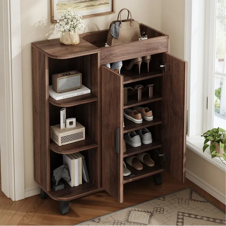 MODFU Schuhschrank 80x99x32 cm mit offenen Fächern, Nussbaum (Packung, 1-St, schmal, Mehrzweckschrank für schmale Eingangsbereiche) Doppeltüriger Schuhschrank in Holzoptik, Kombination aus geschlossenen