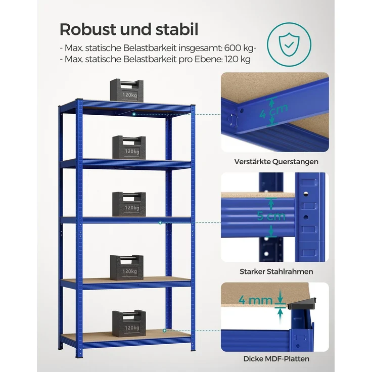 Songmics Schwerlastregal mit 5 Ablagen, Stahl / MDF, Blau, 200 x 50 x 100 cm – Bild 4