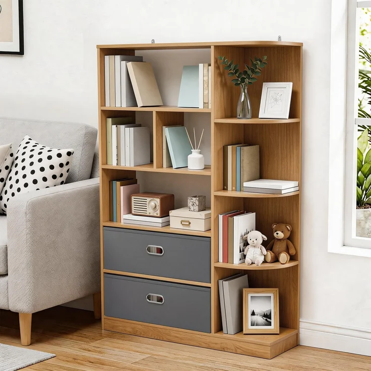 YITAHOME Freistehend Freistehendes Bücherregal mit 8 offenen Regalböden und 2 Schubladen (Stoffbezug) für Wohnzimmer, Schlafzimmer, Büro, Eichenfarbe, 80 × 24 × 115 cm (B × T × H) – Bild 1