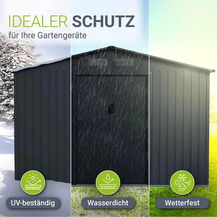 Juskys Metall Geräteschuppen XL – Dunkelgrau, wetterfest mit Fundamentrahmen, Schiebetür & abschließbar - für Garten & Aufbewahrung – Bild 3