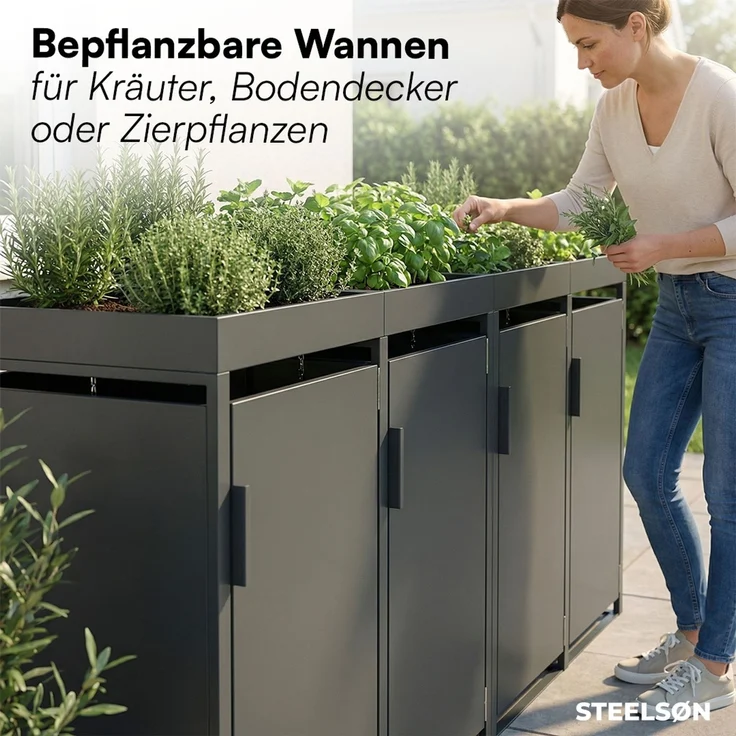 STEELSØN 'Thoria' Mülltonnenbox 4er je 120 Liter, anthrazit, Mülltonnenverkleidung aus Stahl, wetterfest, 111x62x234 cm, Müllbox mit Pflanzendach für 4 Tonnen – Bild 5