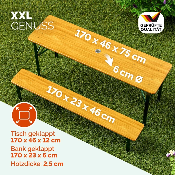 Casaria Bierzeltgarnitur, 3-tlg, Klappbar, Holz natur / Stahl grün, 75 x 46 x 170 cm – Bild 2