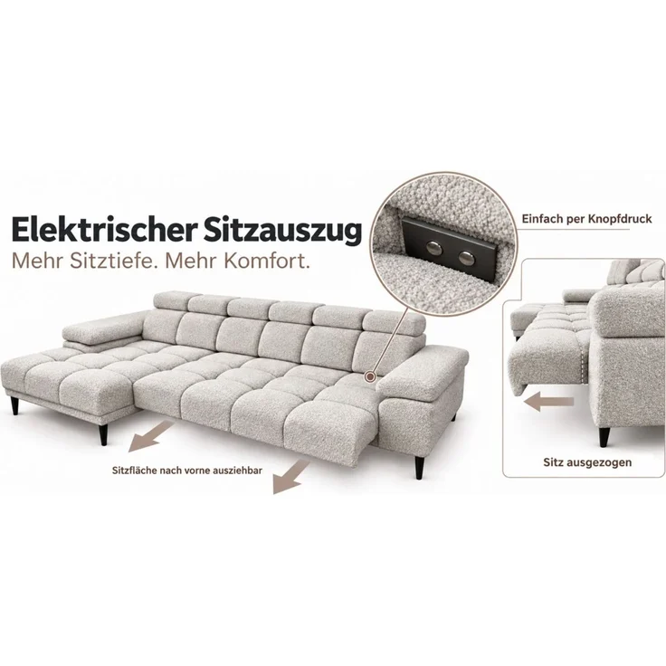 Ecksofa Schlafsofa SENVELIO RELAX inkl. Hocker Stoff Glam Hellgrau Ottomane Rechts – Bild 2