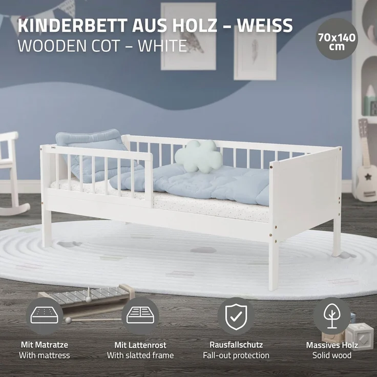 ML-DESIGN Kinderbett Bodenbett Juniorbett inkl. Lattenrost Einzelbett für Kinder Jugendbett, Junior-Bett mit Rausfallschutz & Matratze Bettrahmen aus MDF / Kiefer – Bild 3