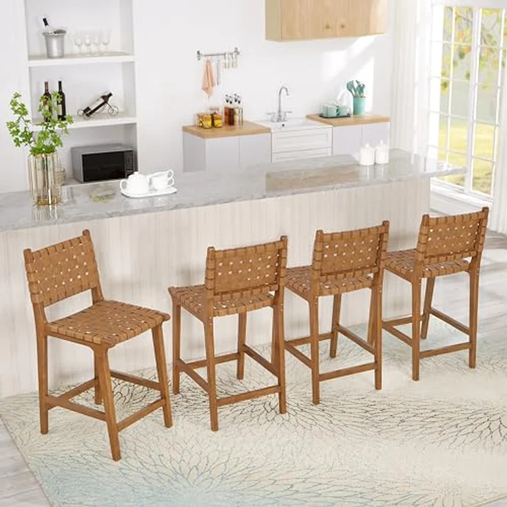 Ball & Cast PU Leder gewebt Counter Hocker, Holzrahmen Küche Insel Barhocker mit Fußstütze, Rückenlehne Geflecht Hocker-Stuhl für das Esszimmer, Braun – Bild 8