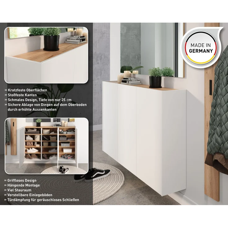 Germania Schuhschrank 1346-513 GW-Libbiano, in Weiß/Navarra-Eiche-Nb, mit geringer Tiefe, 138 x 87 x 25 cm (BxHxT) – Bild 7