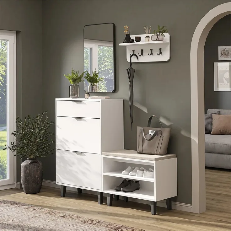 Roomart NORD Garderobenset 4-teilig – Schuhschrank, Sitzbank, Wandgarderobe & Spiegel – Flurgarderobe – H 112 x B 73.6 x T 35 cm (Schuhschrank) • Weiß