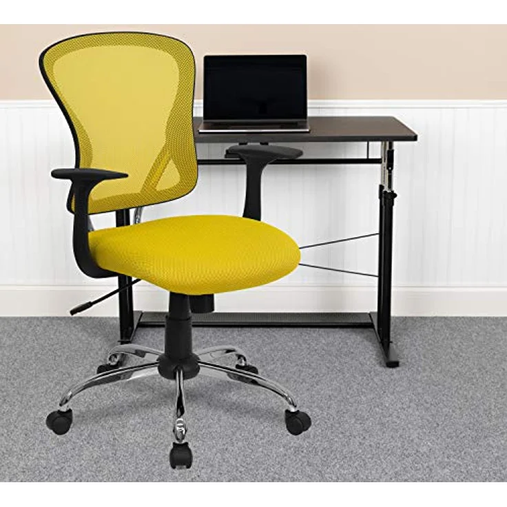 Flash Furniture Alfred Bürostuhl mit mittelhoher Rückenlehne, Netzstoff, drehbar, mit Chromfuß und Armlehnen, Gelb – Bild 3