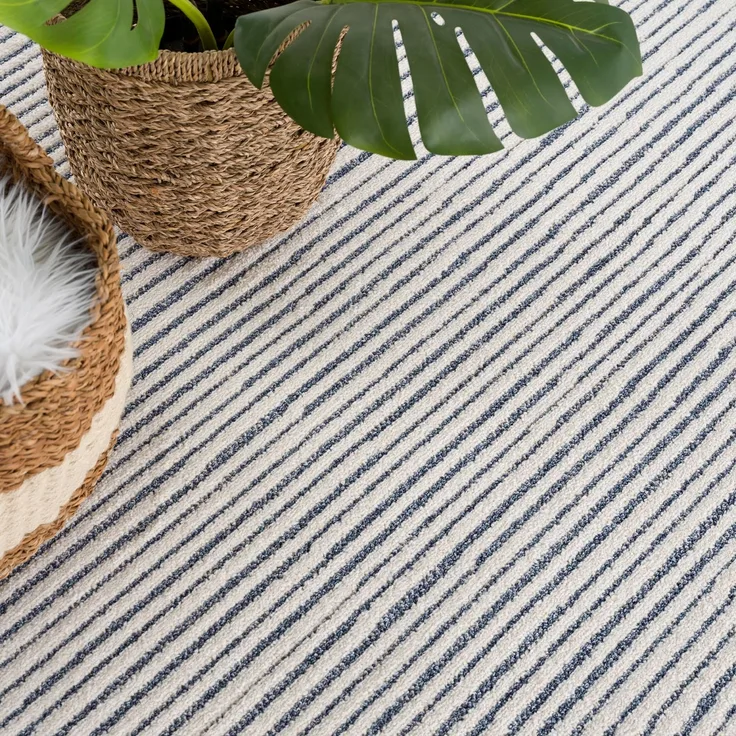 Teppich Wohnzimmer mit Fransen Deko Boho – Blau Cream-Streifen – 200x290cm - Kurzflor Schlafzimmer Flur Dekoration Läufer - Skandinavische Teppiche