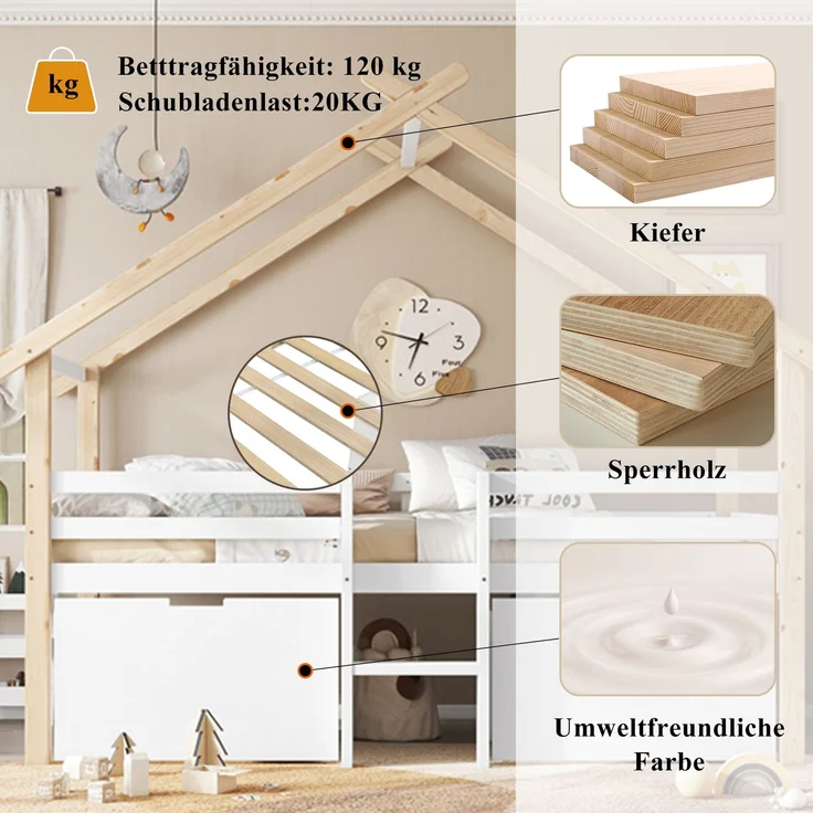 Kinder Hausbett 90x200 halbhoch mit Dach & 2 Schränken - Weiß+Natur, mit Treppe,Sicherheitszaun, Stauraum,Spielbett – Bild 4