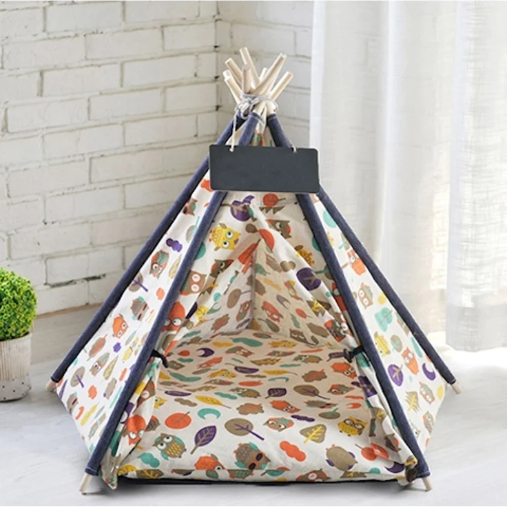 Pettimania Tipi mit Eulenprint für Hunde, Maße: 50 x 50 x 70 cm, naturfarben mit buntem Eulen-Aufdruck – Bild 2