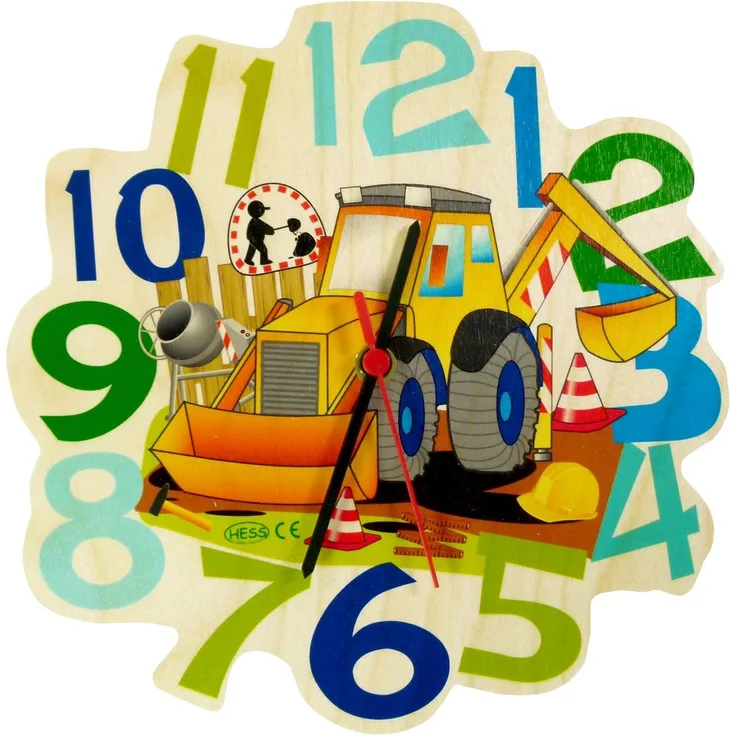Hess Holzspielzeug 30008 - Wanduhr aus Holz für Kinder, Serie Baustelle, mit Quarzuhrwerk, handgefertigt, Durchmesser ca. 24 cm, farbenfroher Zeitanzeiger für´s Kinderzimmer