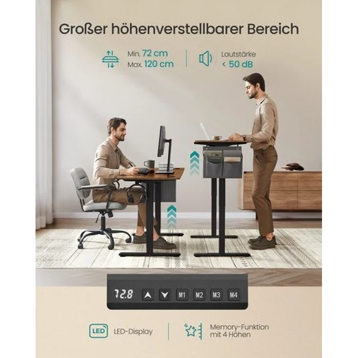 Songmics Höhenverstellbarer Schreibtisch elektrisch, 60x120 x (72-120) cm, Verstellbarer Tisch, Memory-Funktion für 4 Höhen, für Homeoffice, Arbeitszimmer, vintagebraun – Bild 3