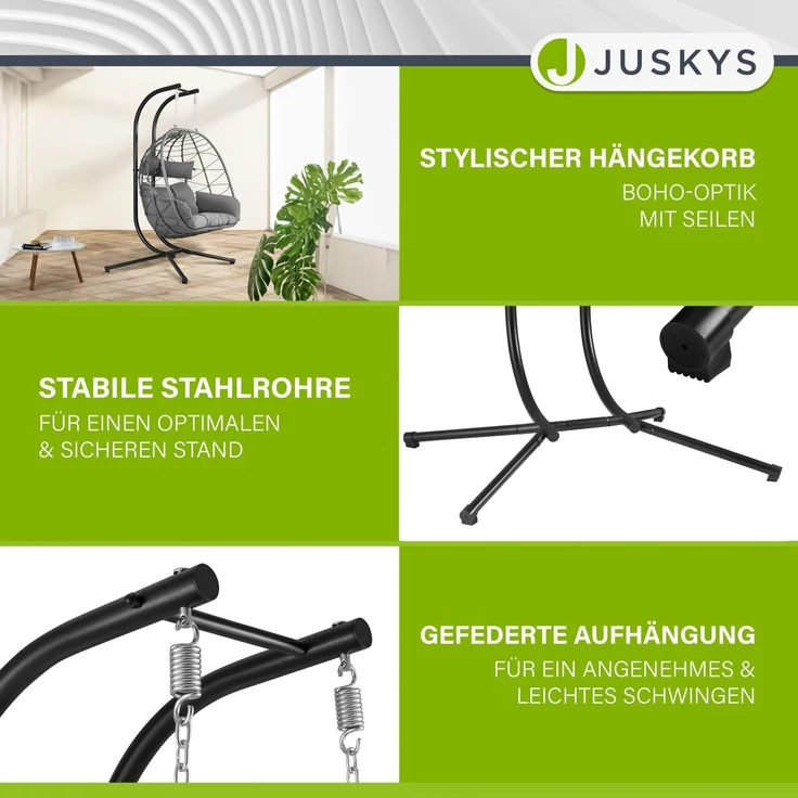 Juskys Doppelhängesessel Aria - Polyrattan Hängesessel mit Gestell & Kissen - Schaukel für zwei Personen - Outdoor Indoor Sessel - XXL Korb Grau – Bild 6