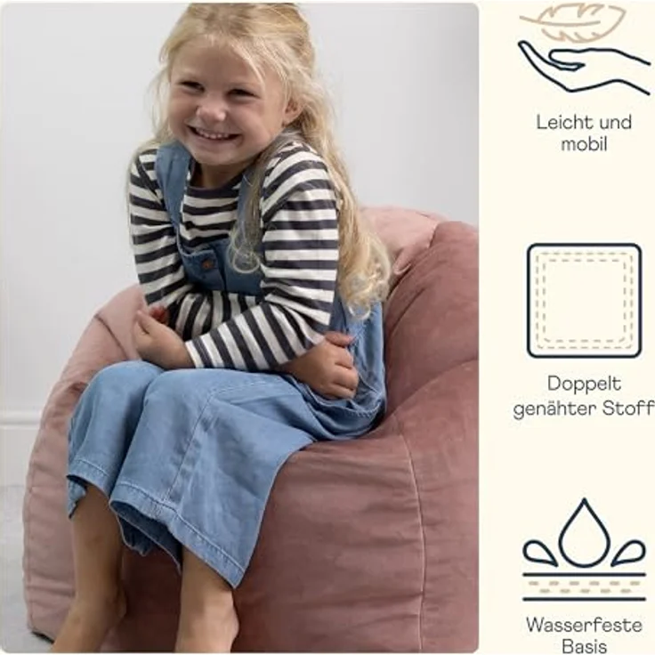 Icon Aurora Sitzsack Kinder, Rosa, Flauschiger Samtstoff, Sitzsack Samt mit Füllung, Bequemer Kinder Sessel, Kuschelsessel, Lese Sessel, Schlafzimmer, Kinderzimmer, Spielzimmer – Bild 5