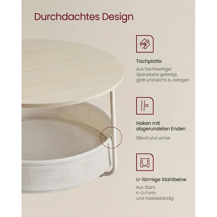 VASAGLE Couchtisch, Beistelltisch, Wohnzimmertisch mit Korb aus Stoff, modern, ∅75 x 45 cm, beige – Bild 5