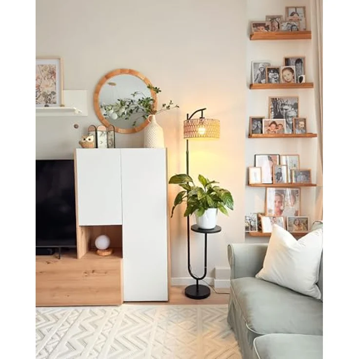 LuminexDesigns Stehlampe Wohnzimmer Vintage Rattan - Stehleuchte Schwarz Retro E27 mit Ablage Höhenverstellbar 176CM Boho Standleuchte mit 2M Kabel Fußschalter Beige Standlampe für Schlafzimmer – Bild 6