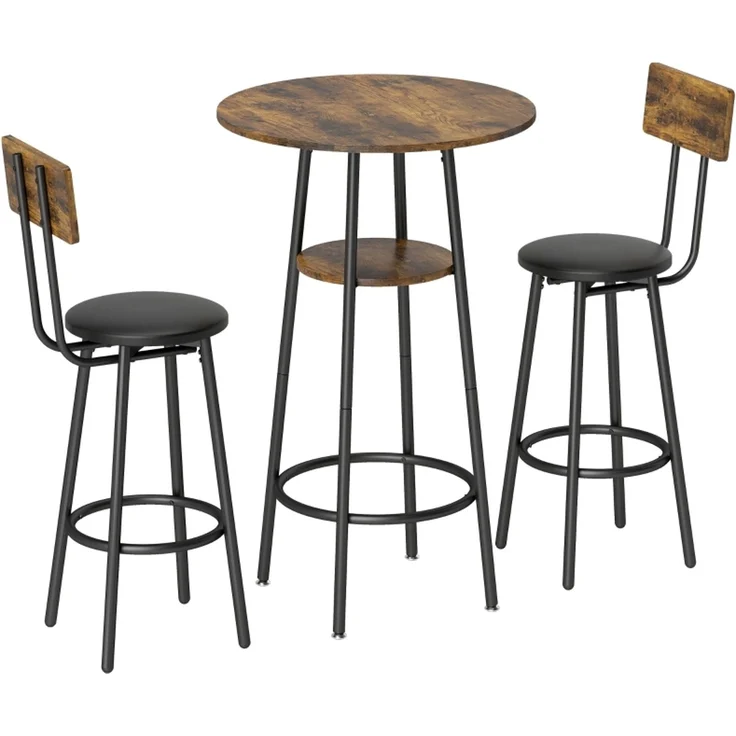 Bartisch-Set 91x60x60 cm für 2 in Rustikalbraun mit Holzwerkstoff und gepolsterten Barhockern – Bild 5