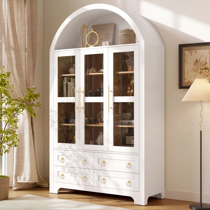 DESVIAE Sideboard Weiß aus MDF/Spanplatte – 110x185x40 cm – 3 Glastüren, 4 Schubladen – Bild 3