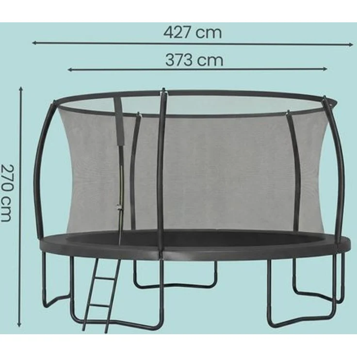 SONGMICS Trampolin 427 cm d, Gartentrampolin mit Sicherheitsnetz, 180 cm hohe Stangen, Randabdeckung, Leiter, schwarz – Bild 5