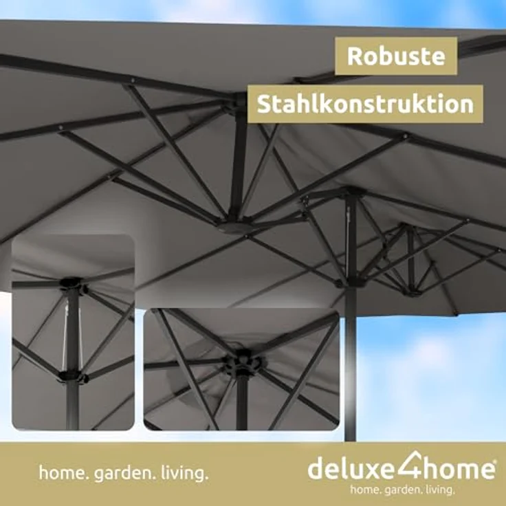 deluxe4home XXL Doppelsonnenschirm 450cm x 260cm, handkurbelbetrieb, anthrazit, doppelseitig faltbar, 180 g/m² Polyester – Bild 4