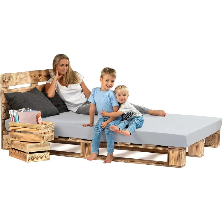 sunnypillow 240x200 cm Palettenbett mit Kopfteil Holzbett Massivholzbett Bett aus Paletten Palettenmöbel Geflammt Vintage europalette 80 90 100 120 140 160 180 200 220 240x200 cm
