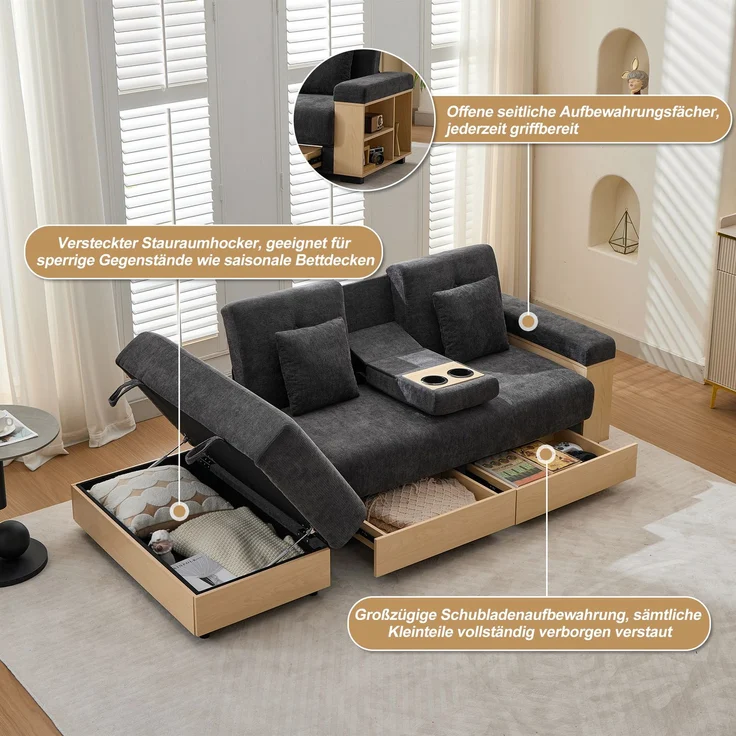 Merax Wohnlandschaft Sofa mit Stauraum, 3-fach verstellbarer Rückenlehne, Schlafsofa mit Schubladen, Chenille-Stoff, Getränkehalter & Stauraumhocker, grau – Bild 7