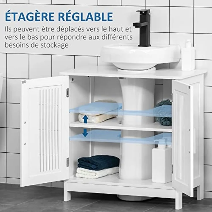 kleankin Waschtischunterschrank für Badezimmer – 2 geriffelte Türen mit verstellbarem Regal – Griffe aus Aluminiumlegierung – Maße: 60 x 30 x 60 cm (L x B x H) – MDF, weiß – Bild 5
