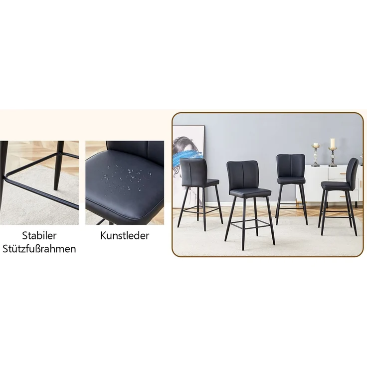 101 cm hohes 2-teiliges Set Barhocker aus schwarzem PU-Material: Ergonomische Rückenlehne, komfortabel und stilvoll.--Schwarz--44x44x101cm--YOUDENOVA – Bild 9