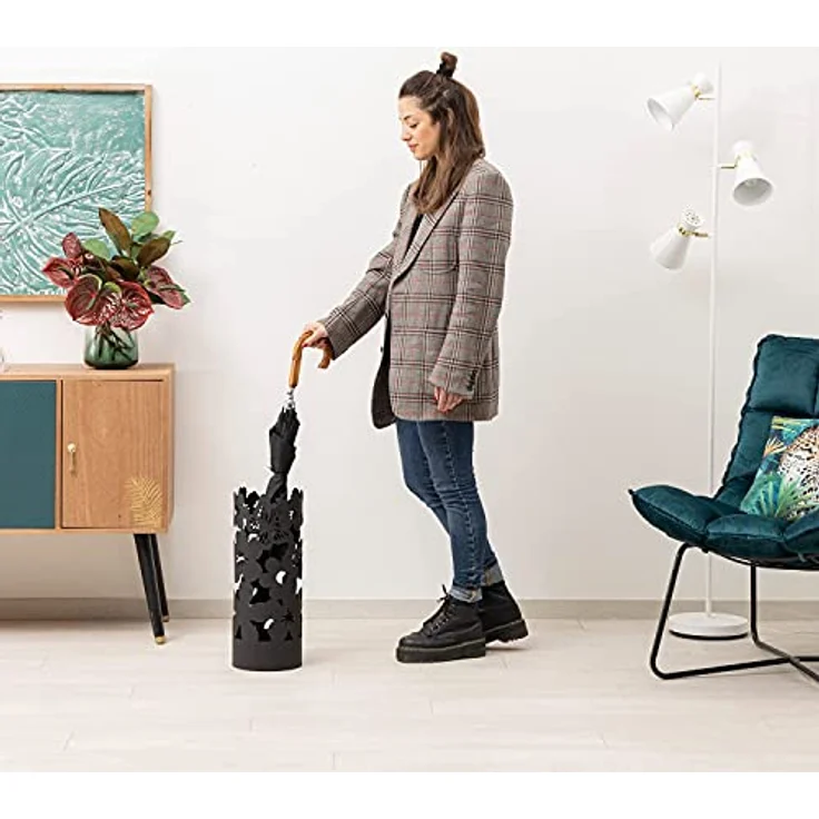 Baroni Home Moderner Schirmständer aus Metall Flowers mit 2 Haken und abnehmbarer Abtropfschale 19 x 19 x 49 cm (schwarz) – Bild 7