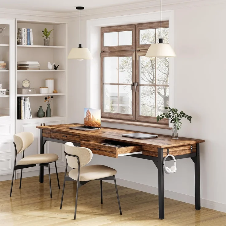 LITTLE TREE Schreibtisch Computertisch 200 cm, großer Schreibtisch aus Industriell Holz und Metall als Bürotisch Arbeitstisch für 2 Personen, ideal für Homeoffice oder Wohnzimmer, Rustikales Braun – Bild 4