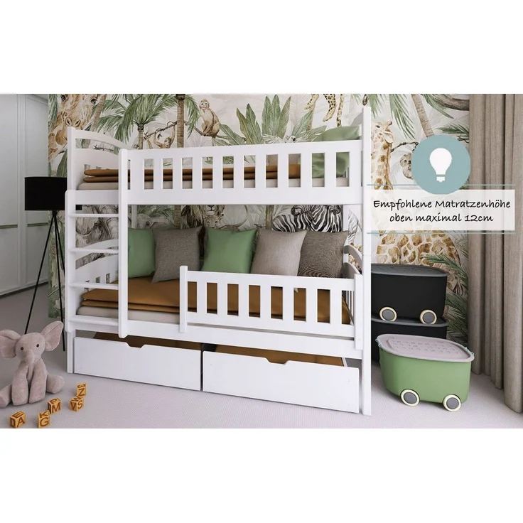 Kids Collective Etagenbett Hochbett Kinderbett 90x200 umbaubar in zwei Einzelbetten (Modell 2025), 90x200 cm mit zwei Schubladen Lattenrost Rausfallschutz Vollholz weiß – Bild 3