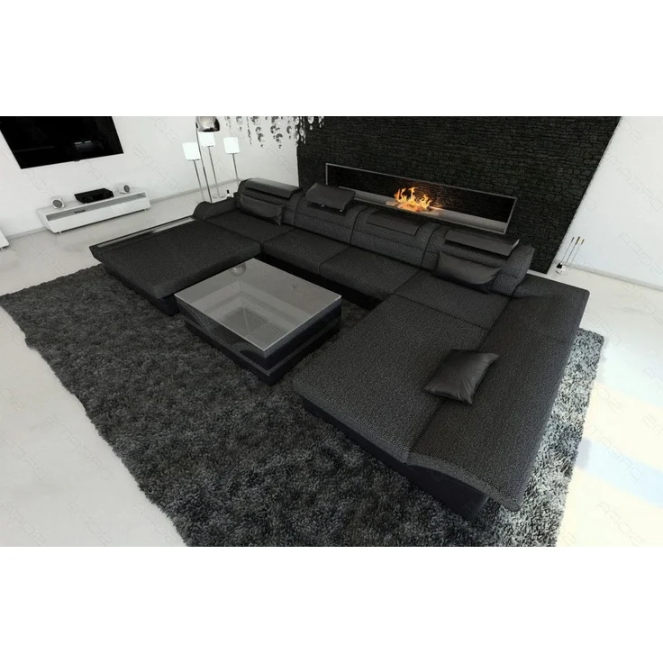 Stoff-Wohnlandschaft Monza LED U-Form - Strukturstoff - Schwarzgrau-Schwarz - Rechts – Bild 6
