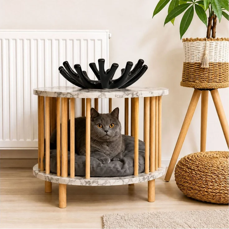 Jungengel Couchtisch Modern mit Katzenhöhle Katzenhaus Beistelltisch Rund Holz Sofatisch (Einzelartikel, 1 Katzenhöhlen-Beistelltisch & 1 Katzenkissen), 2-in-1 Katzenhöhle und Beistelltisch mit Kissen - 4x Varianten – Bild 1