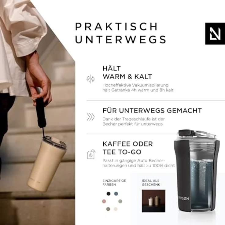 LARS NYSØM Thermo Kaffeebecher to go mit Trageschlaufe & Tritan Deckel | Travel Mug 0,38 Liter mit Isolierung | Auslaufsicherer Edelstahl Thermobecher für Café & Tee (Carbon Black, 380ml) – Bild 2