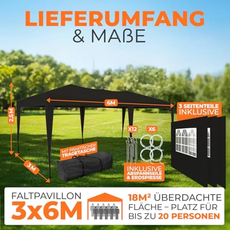 Kronenburg Faltpavillon wasserdicht Pavillon mit 3 Seitenteilen, Gartenzelt, 3x6 m - mit UV Schutz 50+, Schwarz – Bild 3