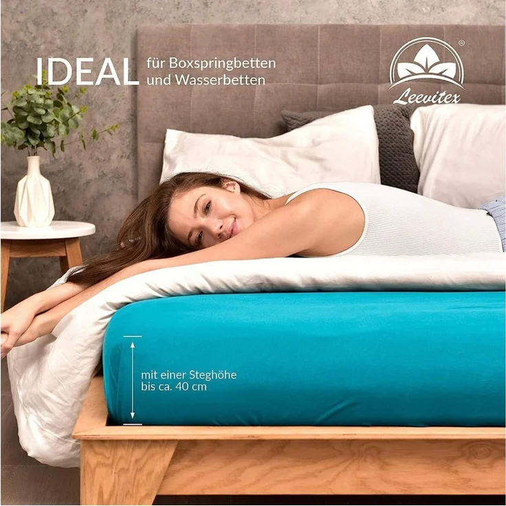 leevitex® Spannbettlaken, Premium 170g/m², Gummizug: rundum, schwer und dick, 100% Jersey-Baumwolle, Türkis / Ocean, 90 x 200 - 100 x 220 cm – Bild 4