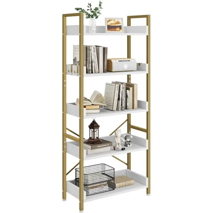 YITAHOME Bücherregal 5 Etagen, Bodenstehendes Bücherregal, Holzregal und stabiles Stahlrahmenregal mit 4 Haken Industrielles Lagerregal für Wohnzimmer, Heimbüro, Golden – Bild 8