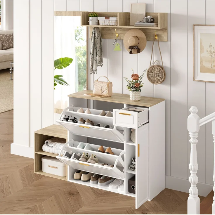 Garderoben-Set 139,5x35x166 cm in Weiß und Natur mit Schuhschrank, Sitzbank, Wandgarderobe und Spiegel – Bild 8