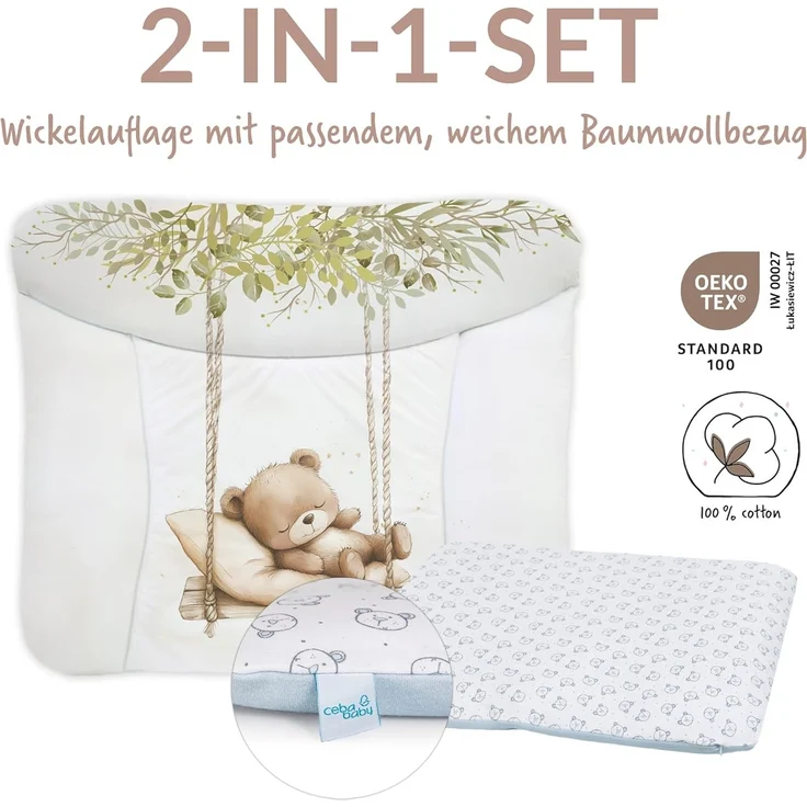 Ceba Baby® Wickelauflage 75x72 cm – Weiche Baby Wickelunterlage - Wasserdicht, abwaschbar - inkl. abnehmbarem Baumwollbezug – Für Jungen und Mädchen – OEKO-TEX® Standard 100 – Made in EU – Bild 2